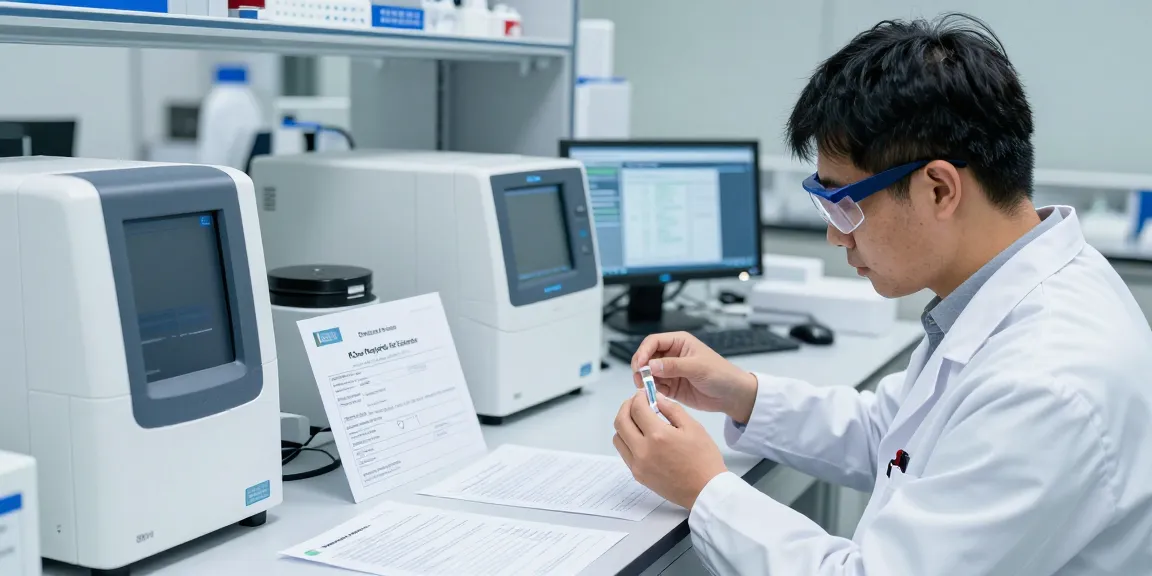 Koi Peptides research environment showing a scientist analyzing Klow Peptide Stack with laboratory equipment.