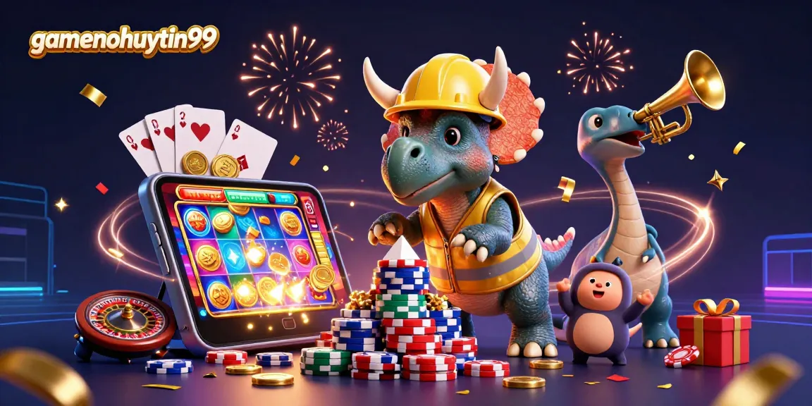 Engage with gamenohuuytin99 as colorful slot games and animated dinosaurs celebrate in a lively casino scene.