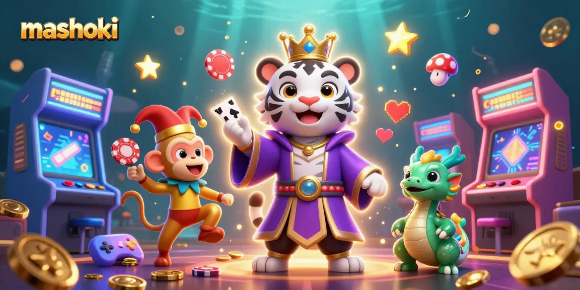 Mashoki players embrace excitement with a majestic tiger and playful monkey amidst vibrant casino elements.
