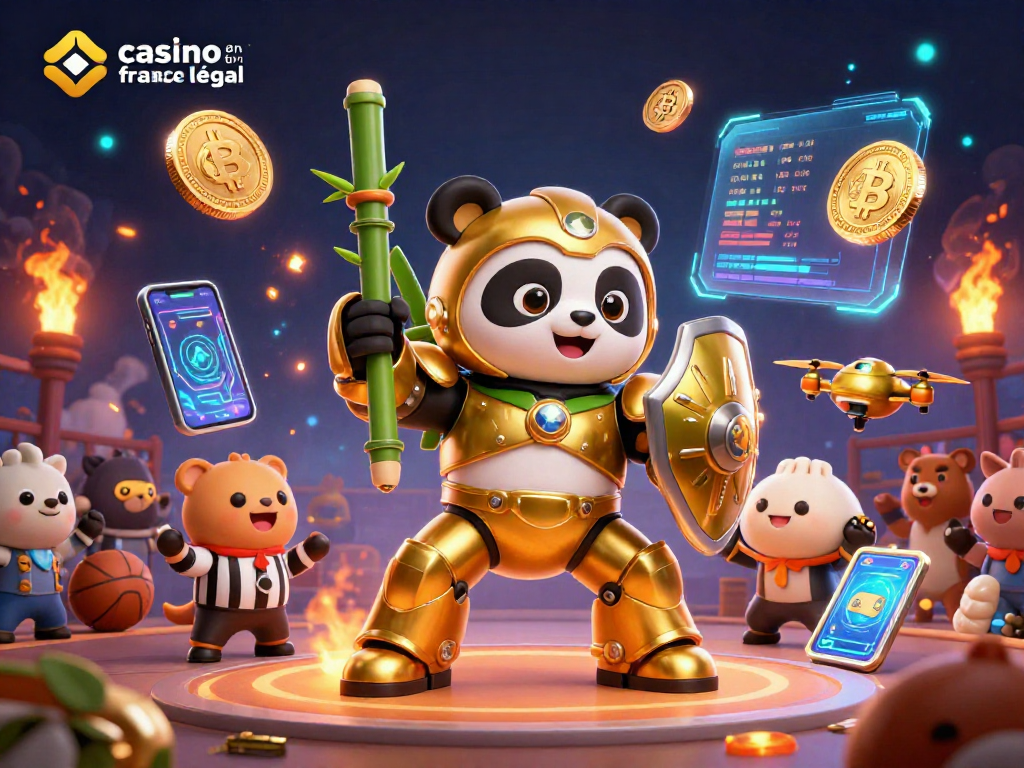 Plongez dans le monde du casino en ligne France légal où un panda doré pilote un robot dans une arène de jeu dynamique.