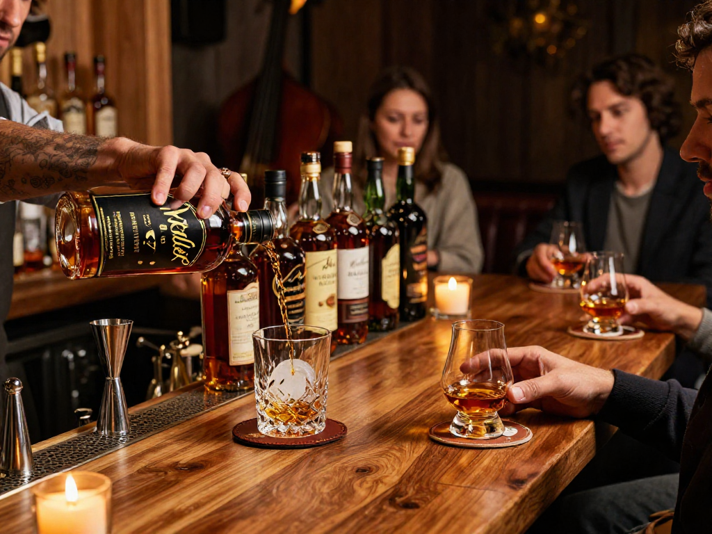 Pouring Weller Antique 107 Bourbon into a glass at an elegant bar setting, showcasing rich color and cozy atmosphere.