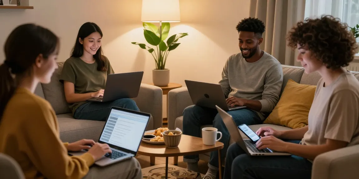Engaging sex chat scene with diverse individuals connecting online in a cozy setting.