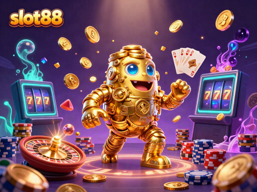 Experience the vibrant world of slot88 with a golden golem and casino elements in an exciting scene.