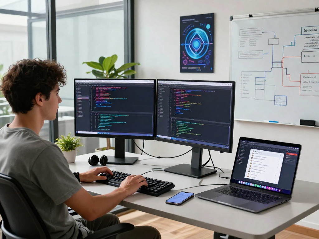 Dynamic workspace showcasing a developer using acrossprotocol for cross-chain bridging in a modern office.