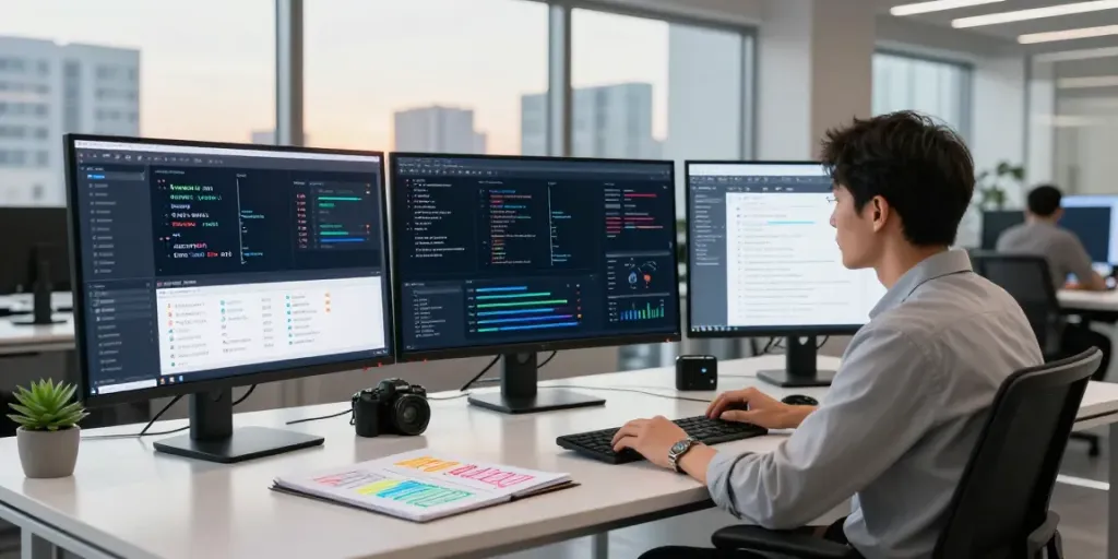 Dynamic workspace illustrating AI inference analysis with screens, notes, and urban view.