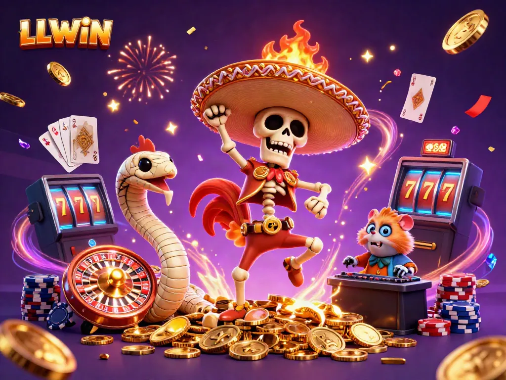 LLWIN celebrates with a vibrant, festive scene featuring animated characters and casino elements.
