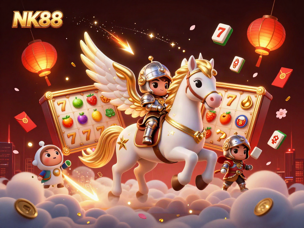 Experience the thrill of NK88 as the celestial knight rides a magical horse through a vibrant casino world.