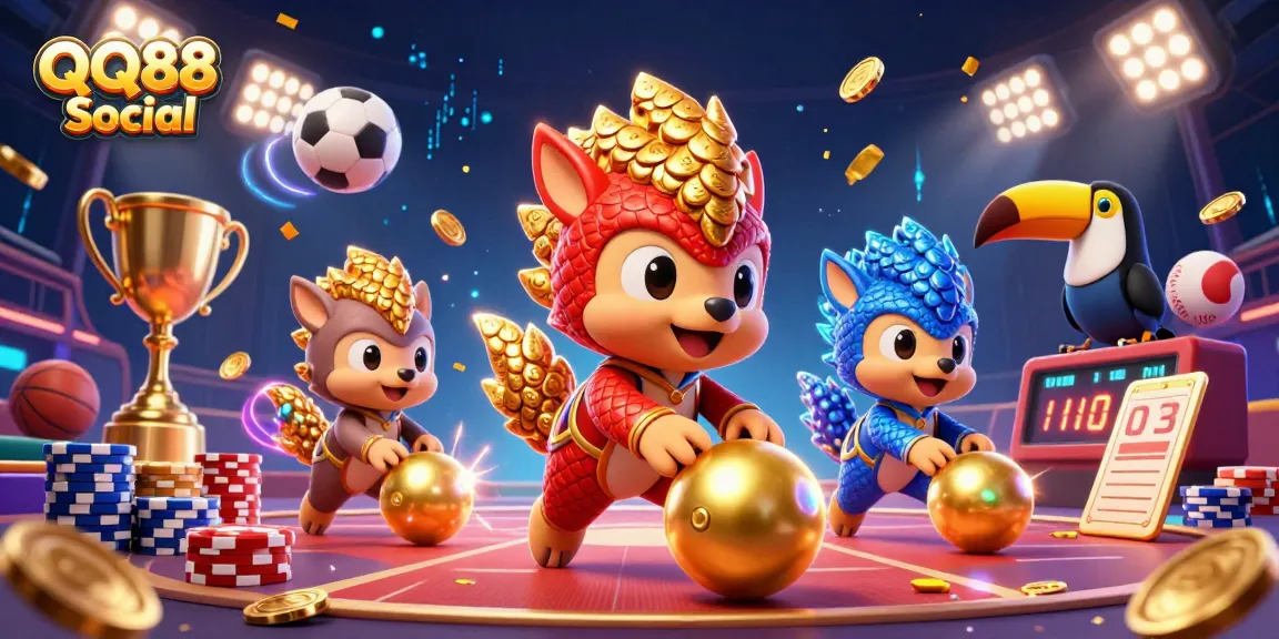 Engage in exciting betting with QQ88 Social's vibrant pangolin rivals in a casino scene.