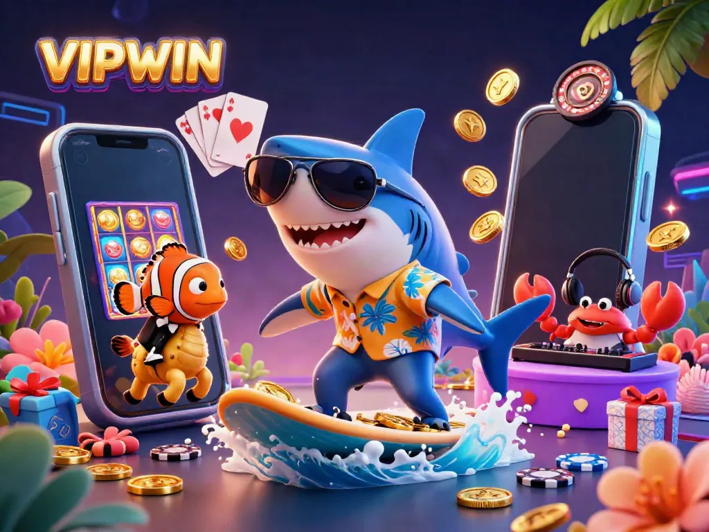 Experience thrilling gameplay at VIPWIN with colorful slot games, gold coins, and fun characters in a dynamic casino scene.