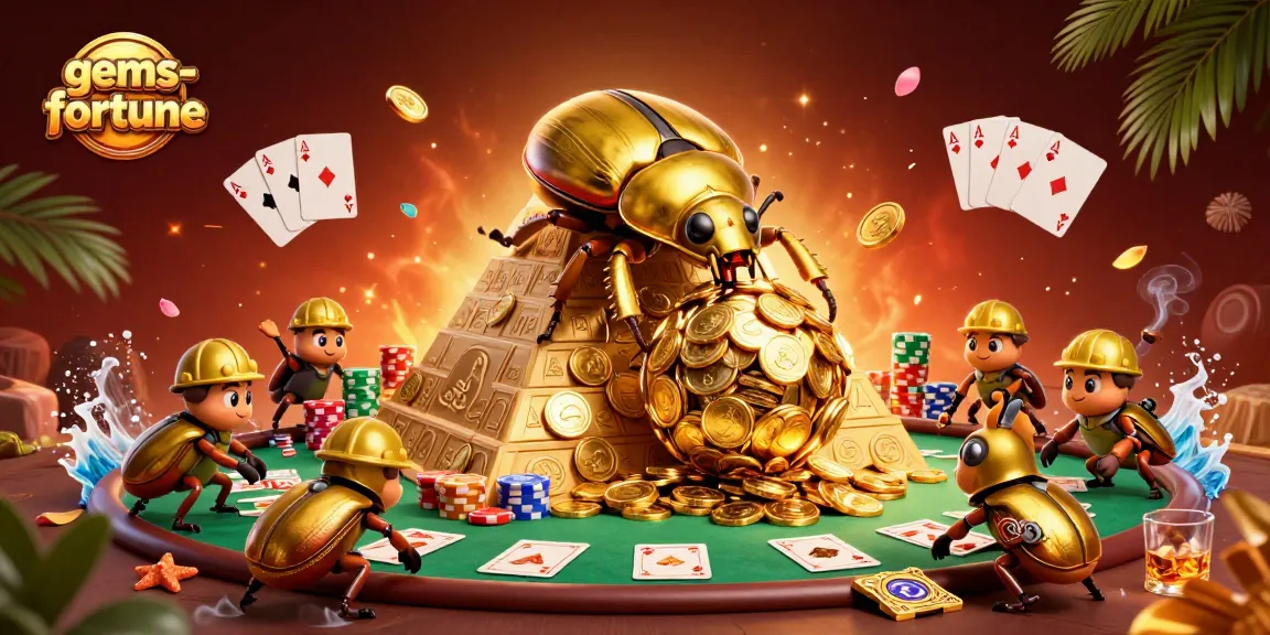 Experience gems-fortune as the golden beetle rolls coins in a vibrant casino atmosphere.