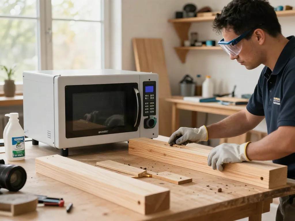 SHASHEL® microwave treatment eliminating wood-boring insects in a professional workshop setting.