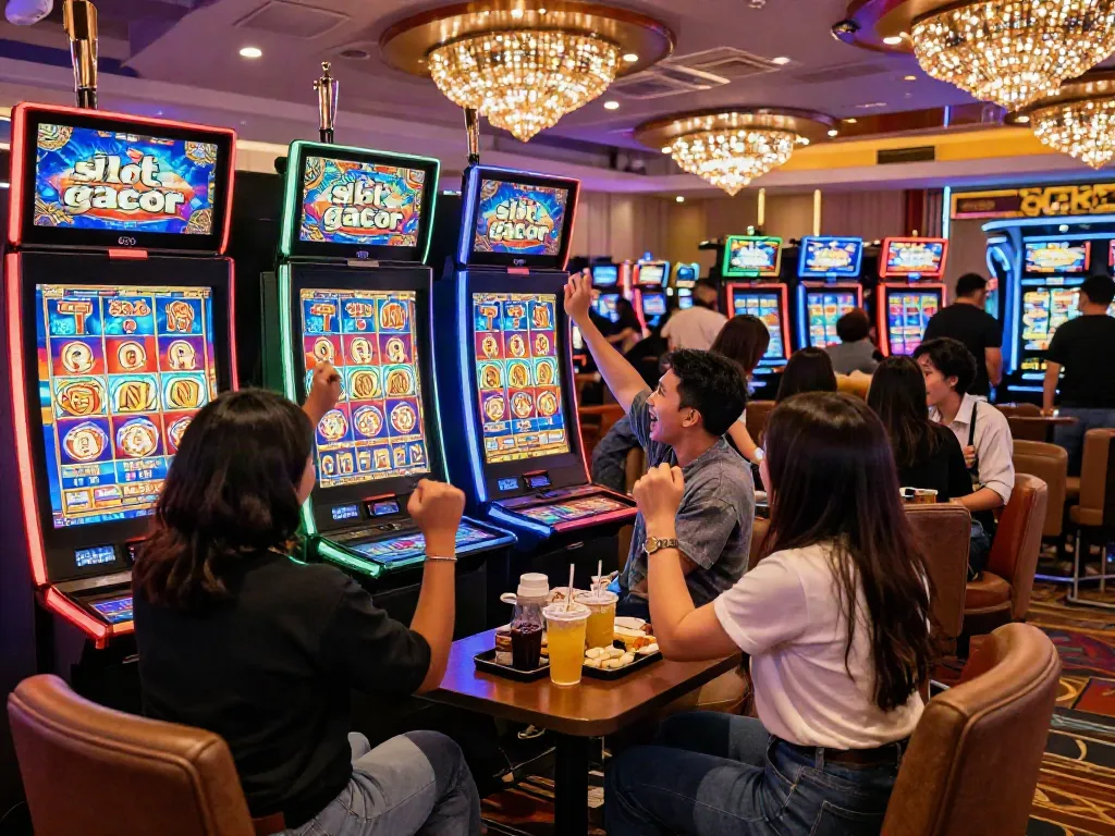 Friends celebrating a jackpot while playing slot gacor machines in a lively casino.