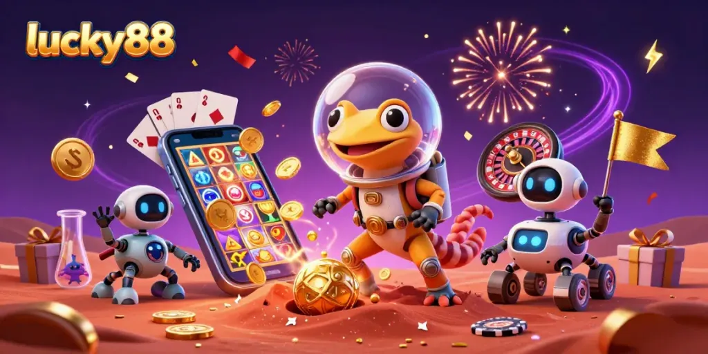 Experience the excitement at lucky88 with a Martian gecko discovering a golden casino in a vibrant 3D scene.