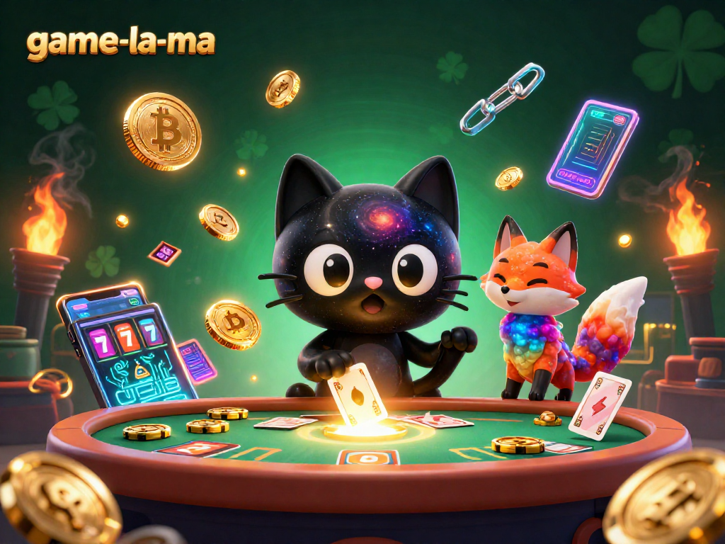 Experience thrilling gameplay with game-la-ma as a cosmic cat pulls in chips and cards amidst digital currencies.