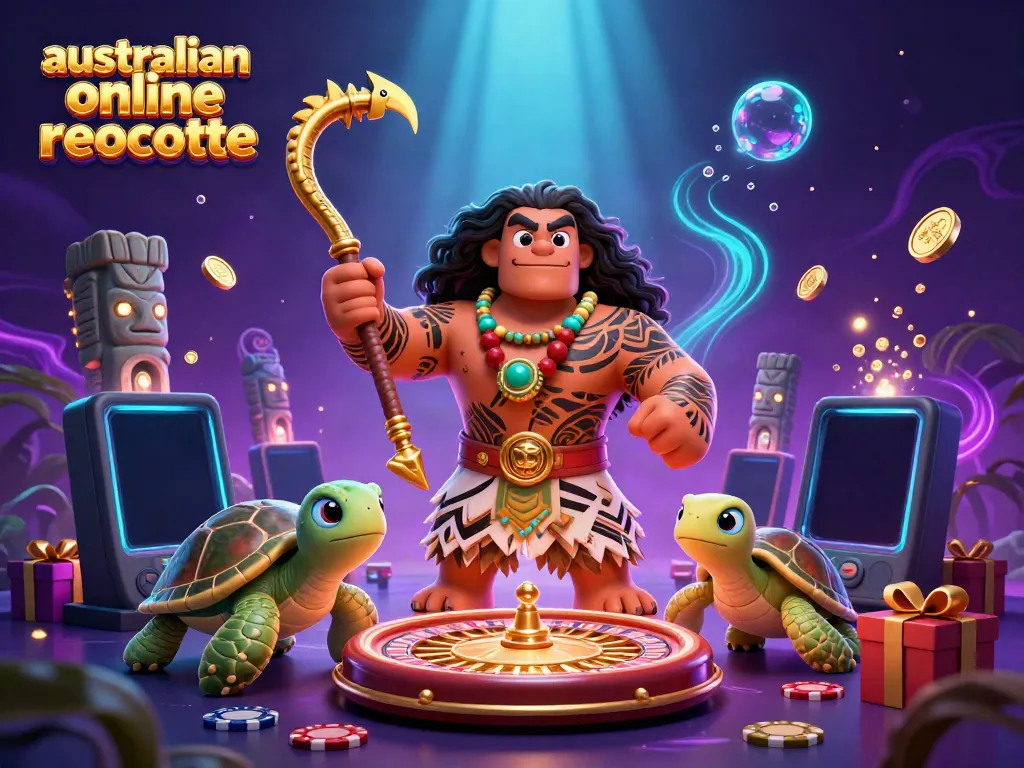 Experience the thrill of australian online roulette with a demigod and turtle in an exciting casino scene.