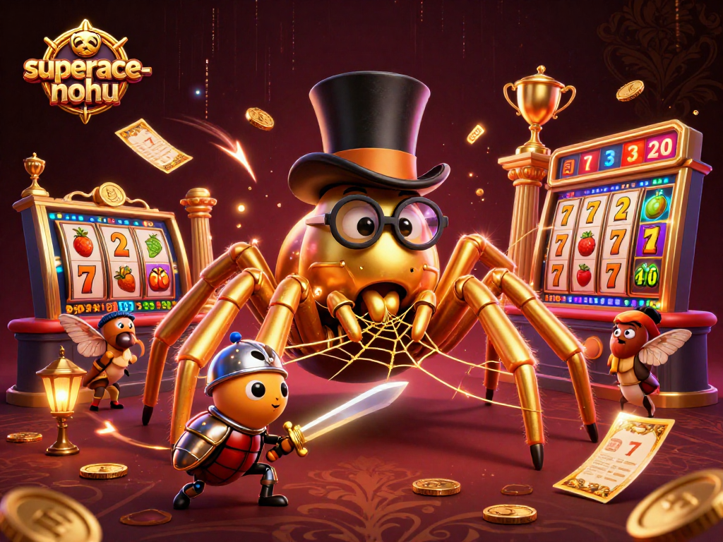 Engage with superace-nohu's vibrant gaming action featuring a golden tarantula, beetle knight, and dynamic slot reels.