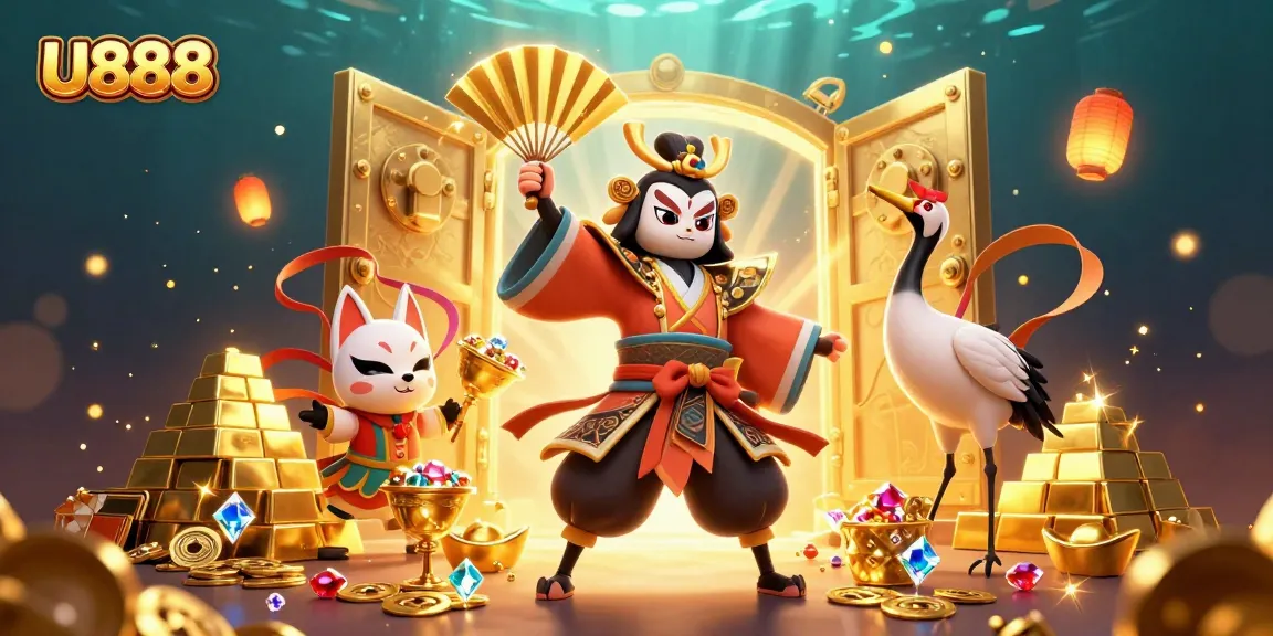 Spin the reels at U888's vibrant online casino featuring dynamic characters and treasures.
