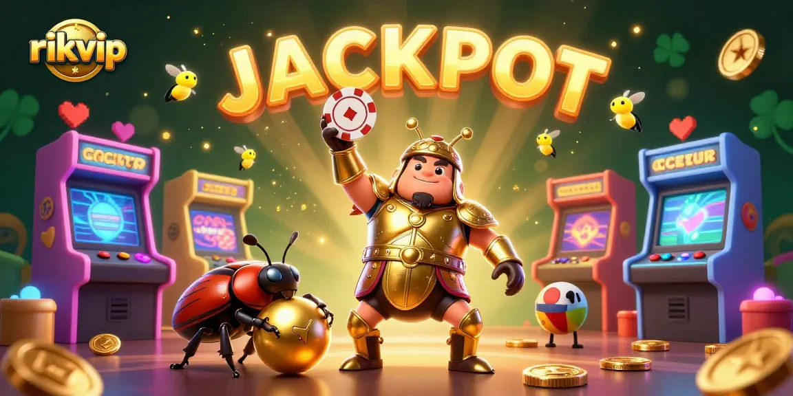 Experience thrilling gameplay at Rikvip with a 3D cartoon hercules beetle celebrating a jackpot victory!