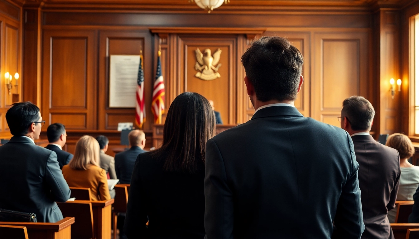 Illustration of a courtroom scene highlighting Probate processes, with a judge and legal discussions.