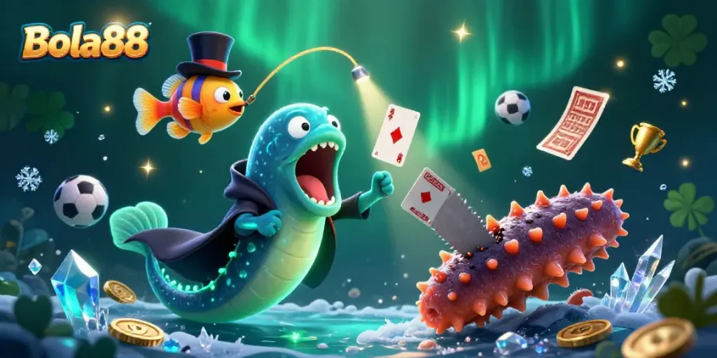 Bola88 features a whimsical underwater scene with a gulper eel performing card tricks, showcasing sports betting elements.