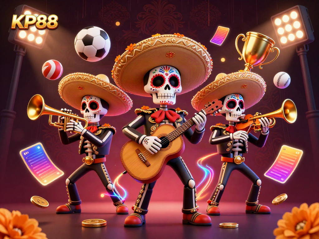 Experience thrilling wins at KP88 with a vibrant 3D Day of the Dead mariachi band in a lively gaming scene.