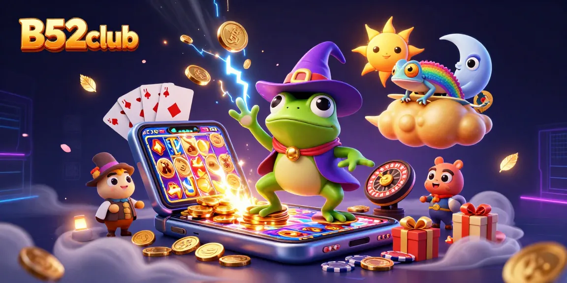 B52club offers a dynamic gaming experience with vibrant casino elements like golden coins and slot games.